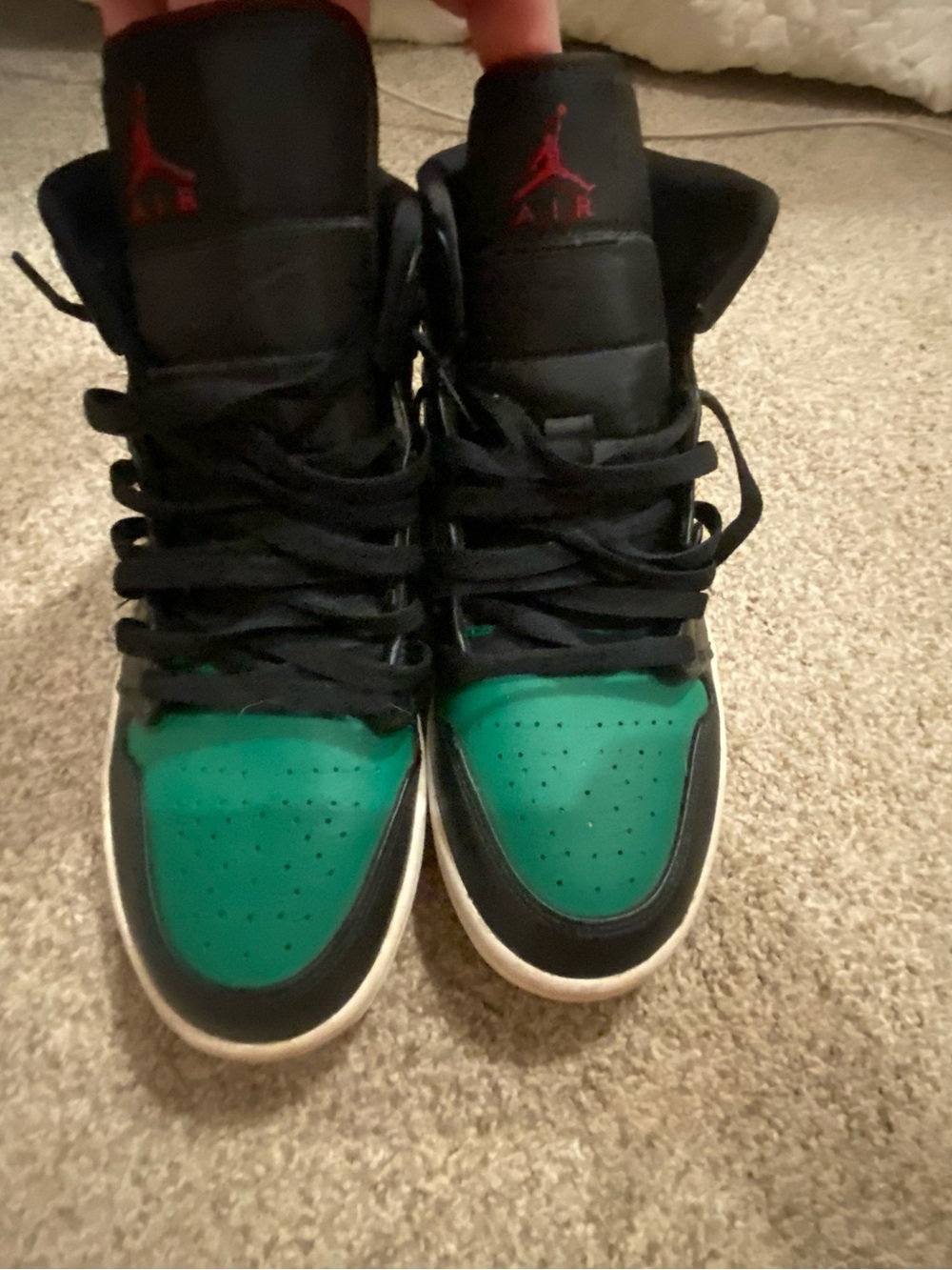 Jordan 1’s 2019 High Top Sneakers in Black & Green with Red Jumpman - Picture 1 of 8